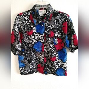 Christie & Jill Petite CROPPED Blouse Black White Blue Abstract Floral MP